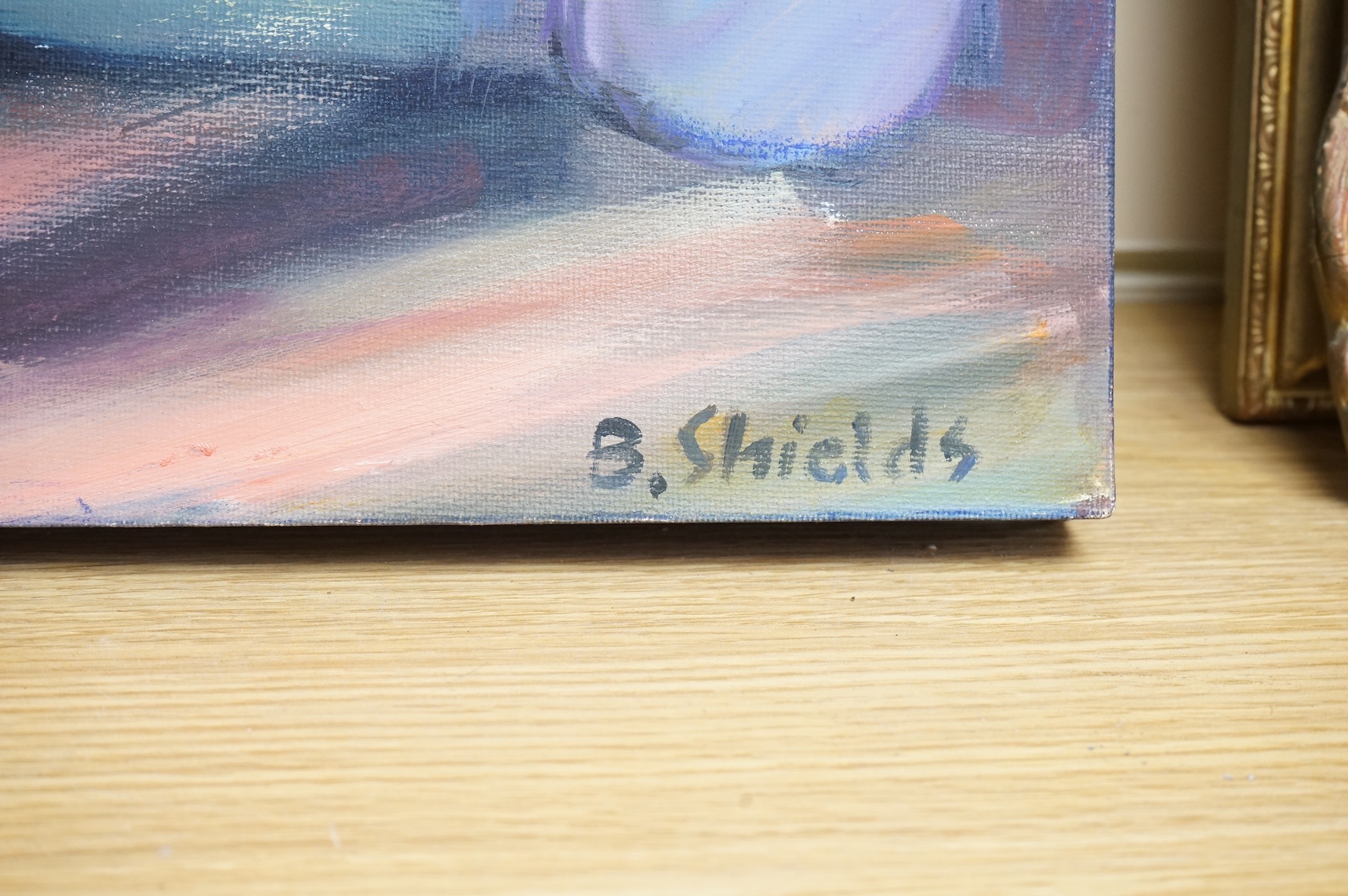 B. Shields, Orchid in Moroccan pot, signed, oil on board, together with another Still life on canvas by the same artist, largest 49 x 42cm, unframed